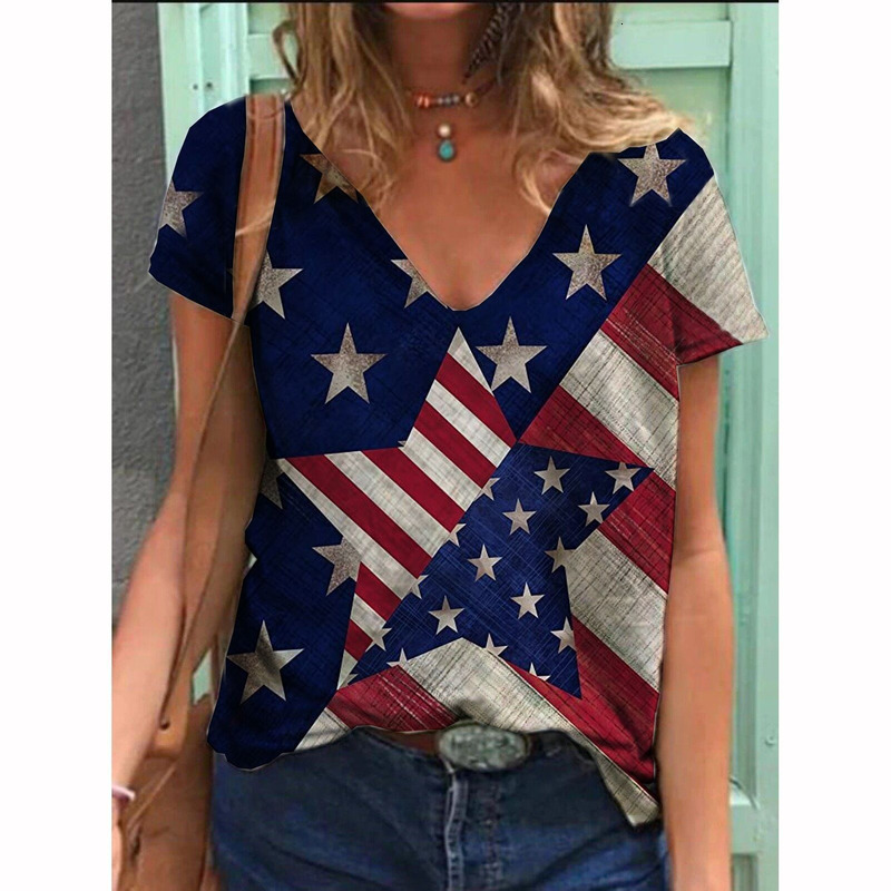 2025 US Independence Day Digital Women's V-Neck 3D Printed Large Size Imitation Cotton Casual T-Shirt