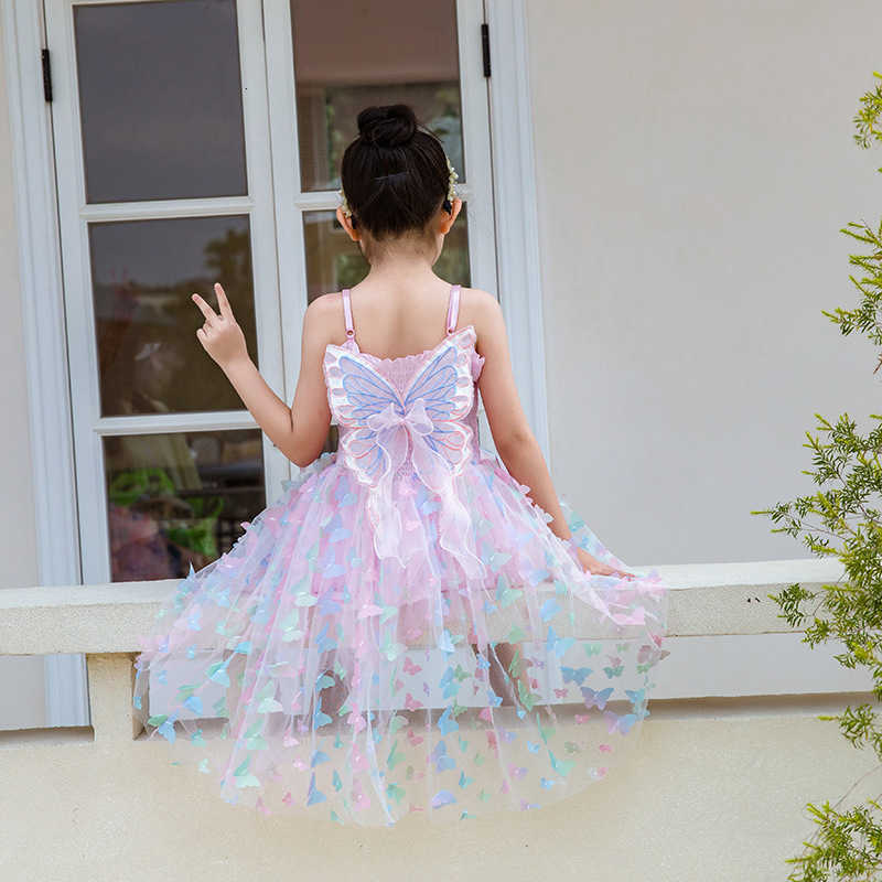 Girl's Dresses Pure cotton butterfly suspender girls' dress with bubble sleeves and colorful lights, Frozen princess dress