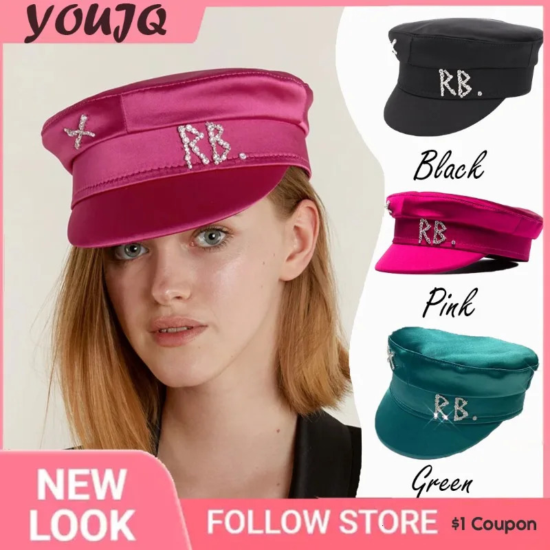 Y2k Spring Summer Octagonal Caps Women Two-colored sboy Cap Crystal-Embellished Satin Baker Boy Hat Gorra 250314
