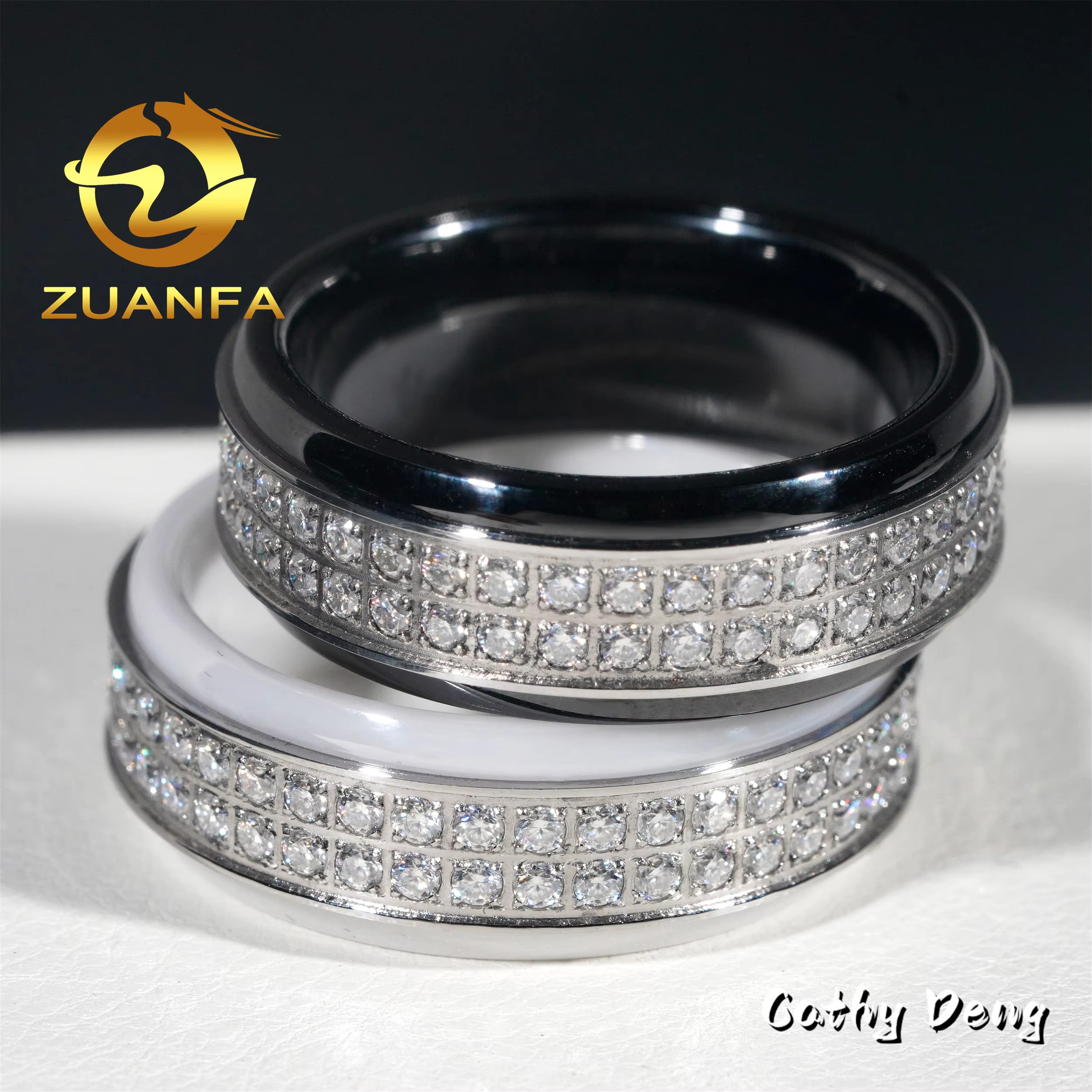 Classic Black Ceramic Men Diamond Ring Iced Out VVS Moissanite Diamond Stainless Steel Men Wedding Band Hip Hop Ring
