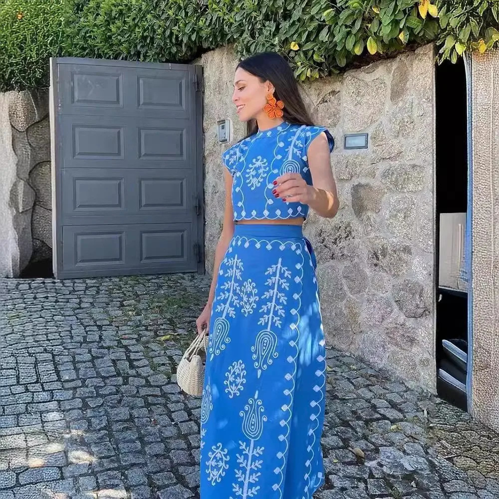 Boho Retro Printed Top Tight ed Two Piece Set Shoulder Pads Crop Lace Beach Vacation Dress 250313