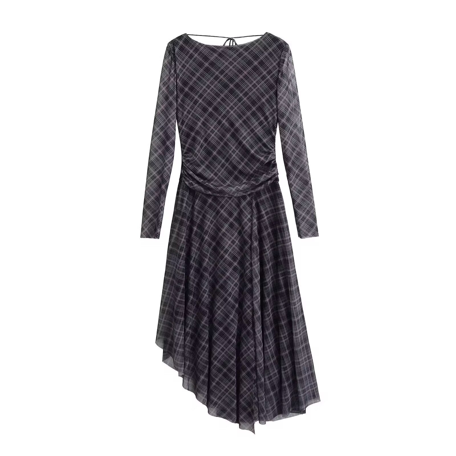 Personality Large Backless Plaid Pleated Silk Mesh Round Neck Sleeved Dress 2025 Summer New Style Long Skirt For Women