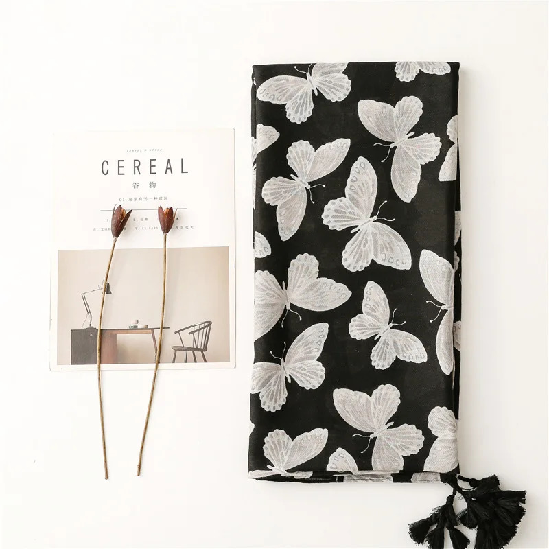Fashion Animal Black Butterfly Pattern Tassel Viscose Shawl Scarf High Quality Print Pashmina Stole Bufandas Muslim Hijab 250314
