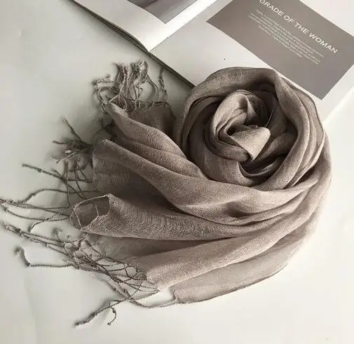 55*180cm Fashion Soft Solid Women 100% Linen Flax Tassel Scarf Summer Travel Sunscreen Long Shawl Elegant Hijab Women Foulard 250314