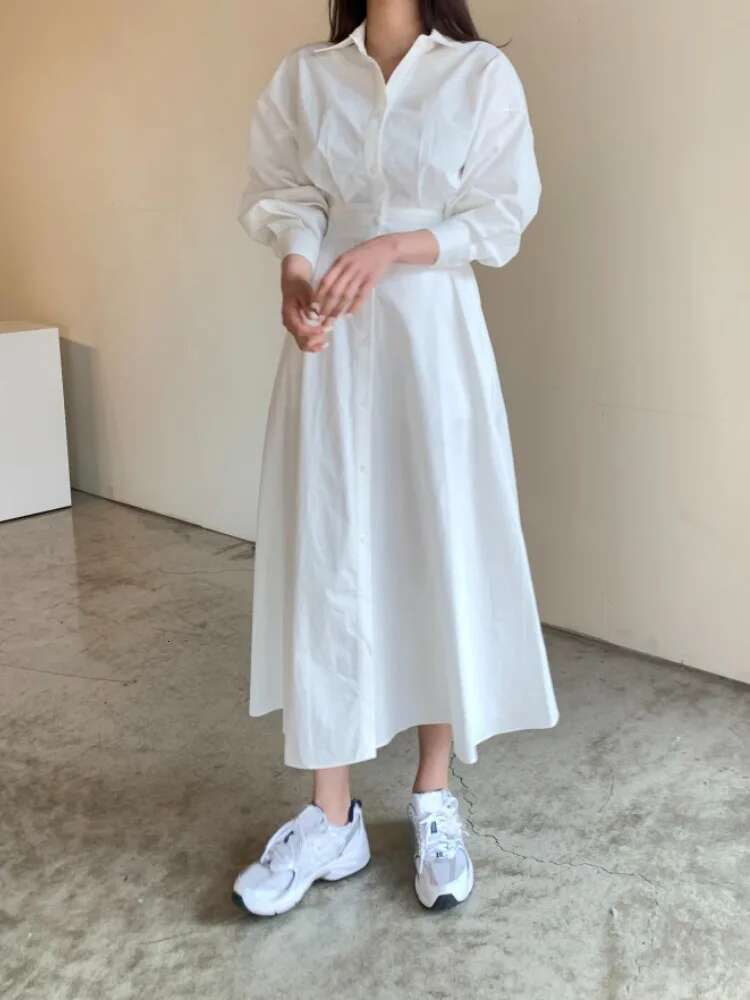 Y2k Autumn Solid Dress Women Fashion Long Sleeve Pleated Slim Waist A-E Dresses Temperament Single Breasted Simple Vestidos