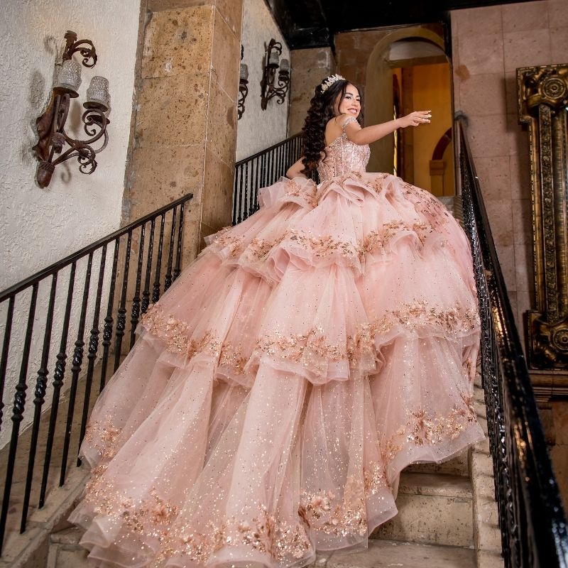 Pink Shiny Quinceanera Dress Off The Shoulder Sequin Applique Flower Beads Mexican Vestidos De 15 Anos Princess Sweet 16 Birthday XV Ball Gown
