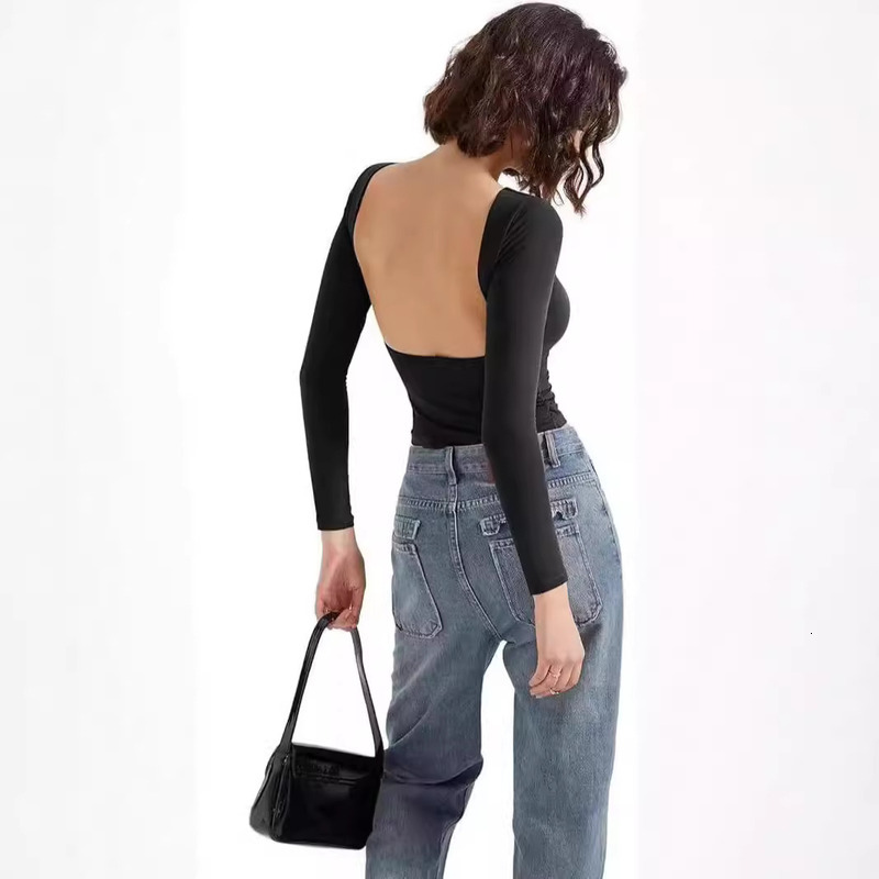 Women's Top With Exposed Back, Round Neck, Long Sleeved T-Shirt, Spicy Girl, Summer Pure Desire Style, Base Coat, Women's High-End Interior 