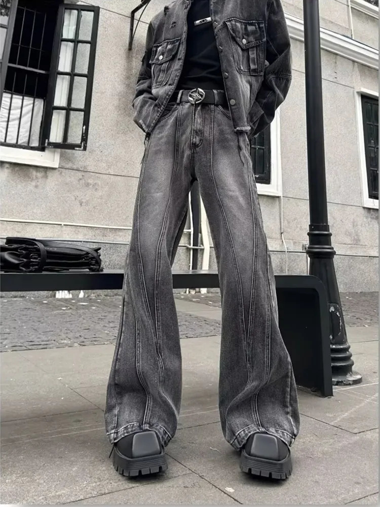 Trashy Y2K Streetwear Washed Grey Baggy Stacked Flare Jeans Pants Men 90S Vintage Clothes Hip Hop Mens Long Trousers 250310