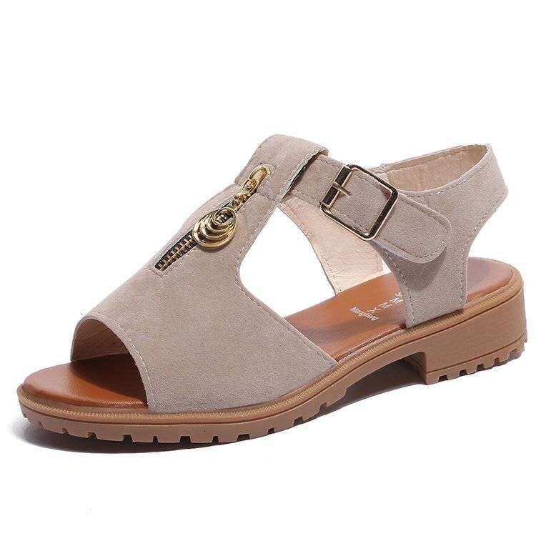 Summer New Korean Edition Student Coarse Barefoot Pure Ribbon Zipper Shoes Low Heel Flat Bottom Women's Sandals
