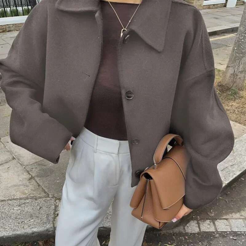Fashion Solid Woolen Demi-Season Jacket Single Breasted Lapel Long Sleeved Coats High Street Autumn Women Versatile Coat