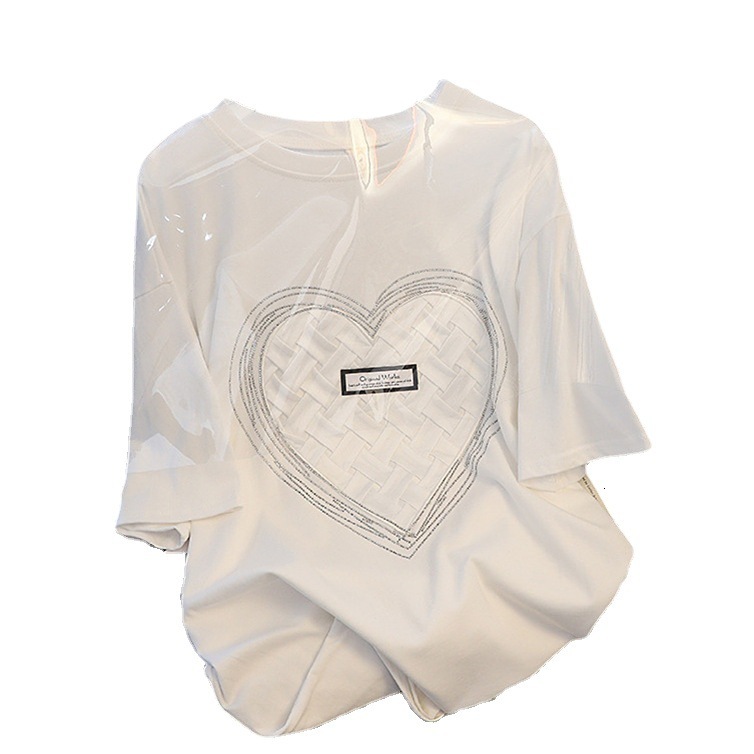 200g pure cotton summer T-shirt Korean heavy industry hot diamond short sleeved designer plus size women's top new wide heart neutral clothing tr