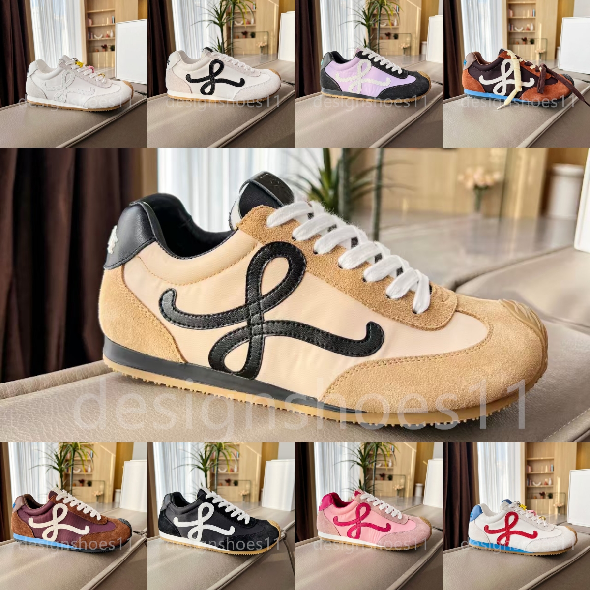 causal shoes women shoes Flow Runner nylon and suede brown black white Lace up with upper rubber waves sole top cowhide shoes designer trainers sneakers platform