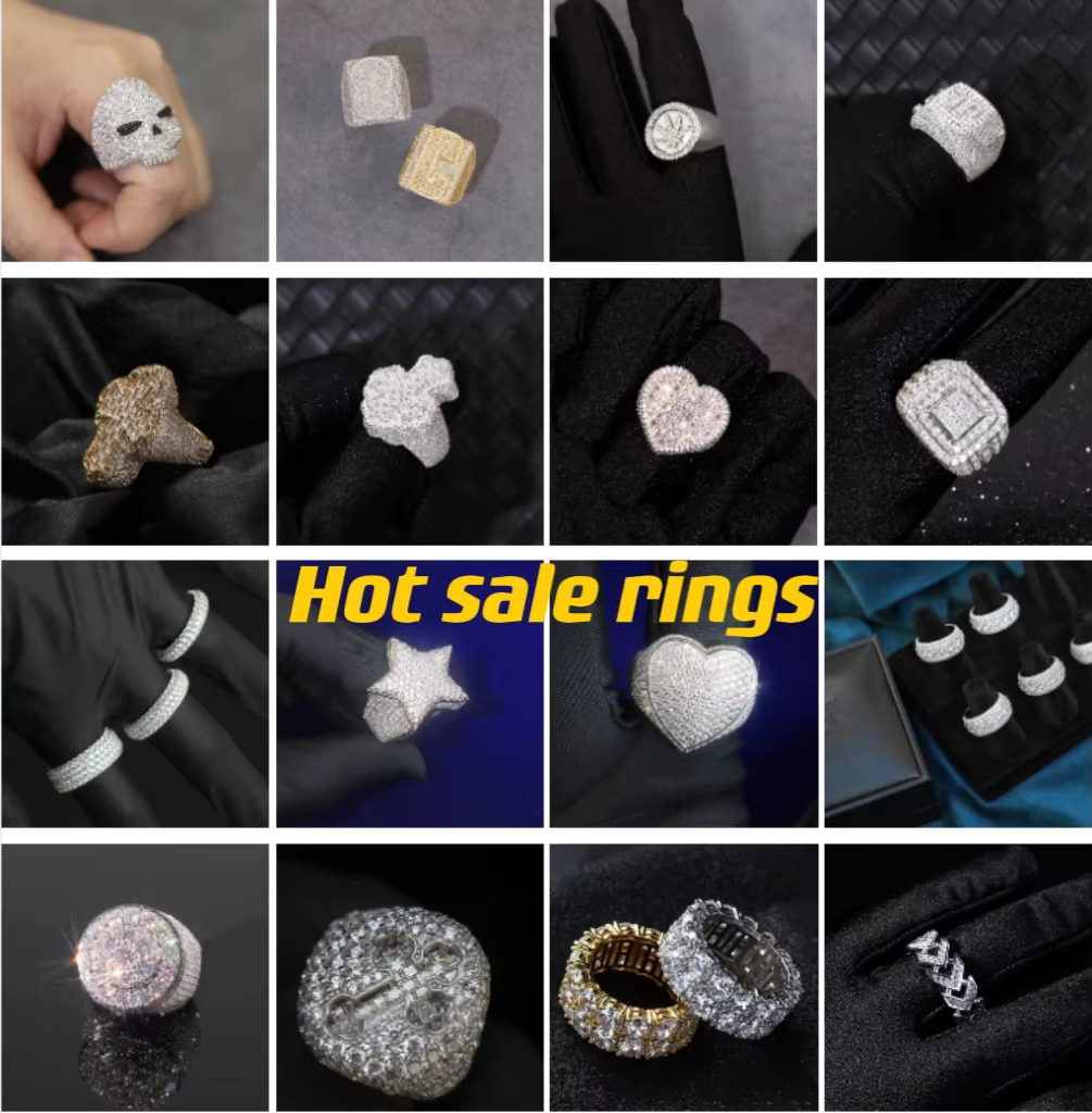 XingGuang Wholesale Bling Hip Hop Jewelry Gold Plated S925 Silver VVS Moissanite Diamond Iced Out Cuban Band Ring for Men