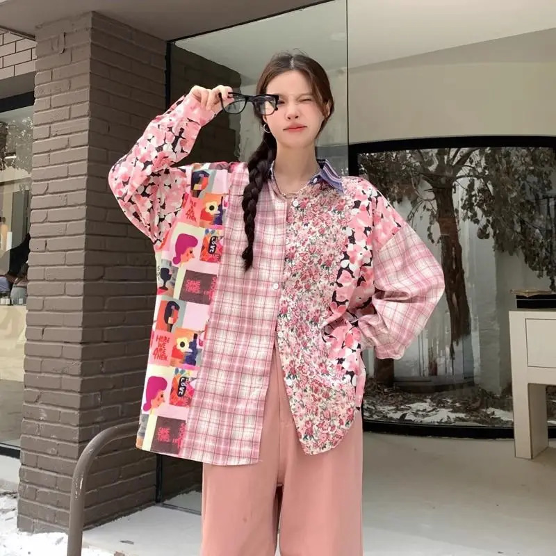 Spring Summer Fashion Floral Patchwork Y2K Thin Shirt Women Loose Casual Sunscreen Long Sleeve Tops 250310