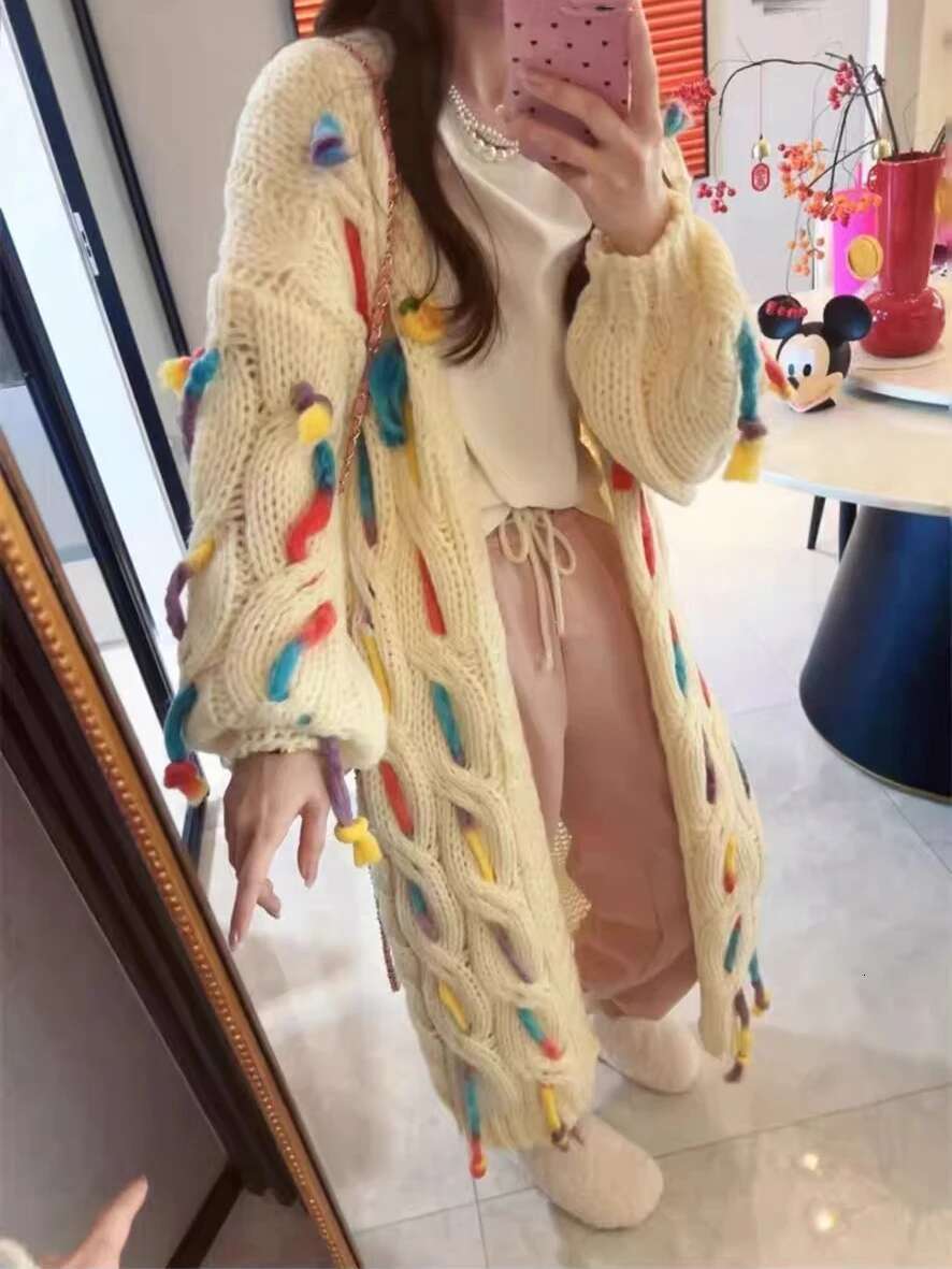 2025 Spring Fall Sweet Handmade Coarse Wool Knitted Long Cardigan 90S Y2k Tassel Embroidered Coat Women's Winter Knitwear C-231