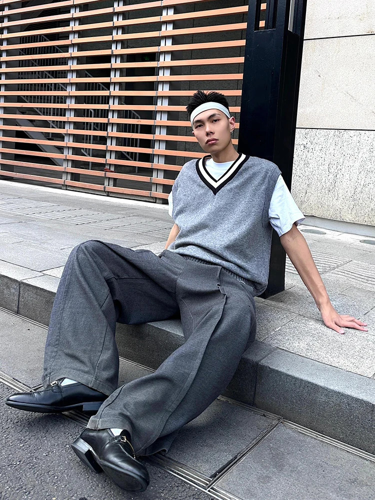Reddachic mens pleated front gray suit pants high waist casual solid plain weave wide leg straight office womens formal clothing 250313