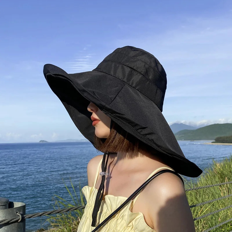 Large Brim 18cm Sun Hat with String Women UV Protection Female Outdoor Fisherman Cap Fold Summer Beach Solid Bucekt Hat 250314