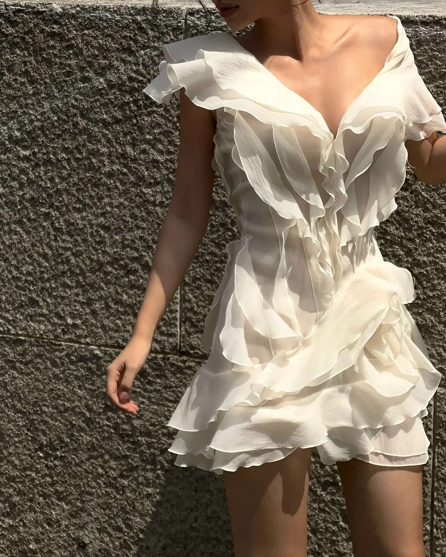 VGH Sweet Ruffles Off Theshoulder Party Dresses For Women Slash Neck Sleeve Backless High Waist Slim Short Dress Female