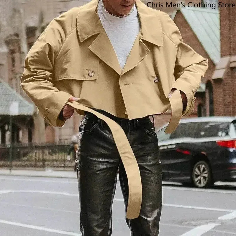 Super Cool Street Motorcycle Mens Coat Autumn Loose Short Trench Flip Collar Lace Cargo Jacket 250313