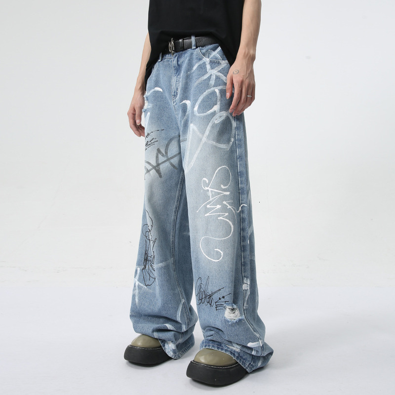 MTLCLOTHES Men's Wear | 2024 Summer New Product Beautiful Street Graffiti Fun Straight Tube Floor Mopping Jeans Trendy