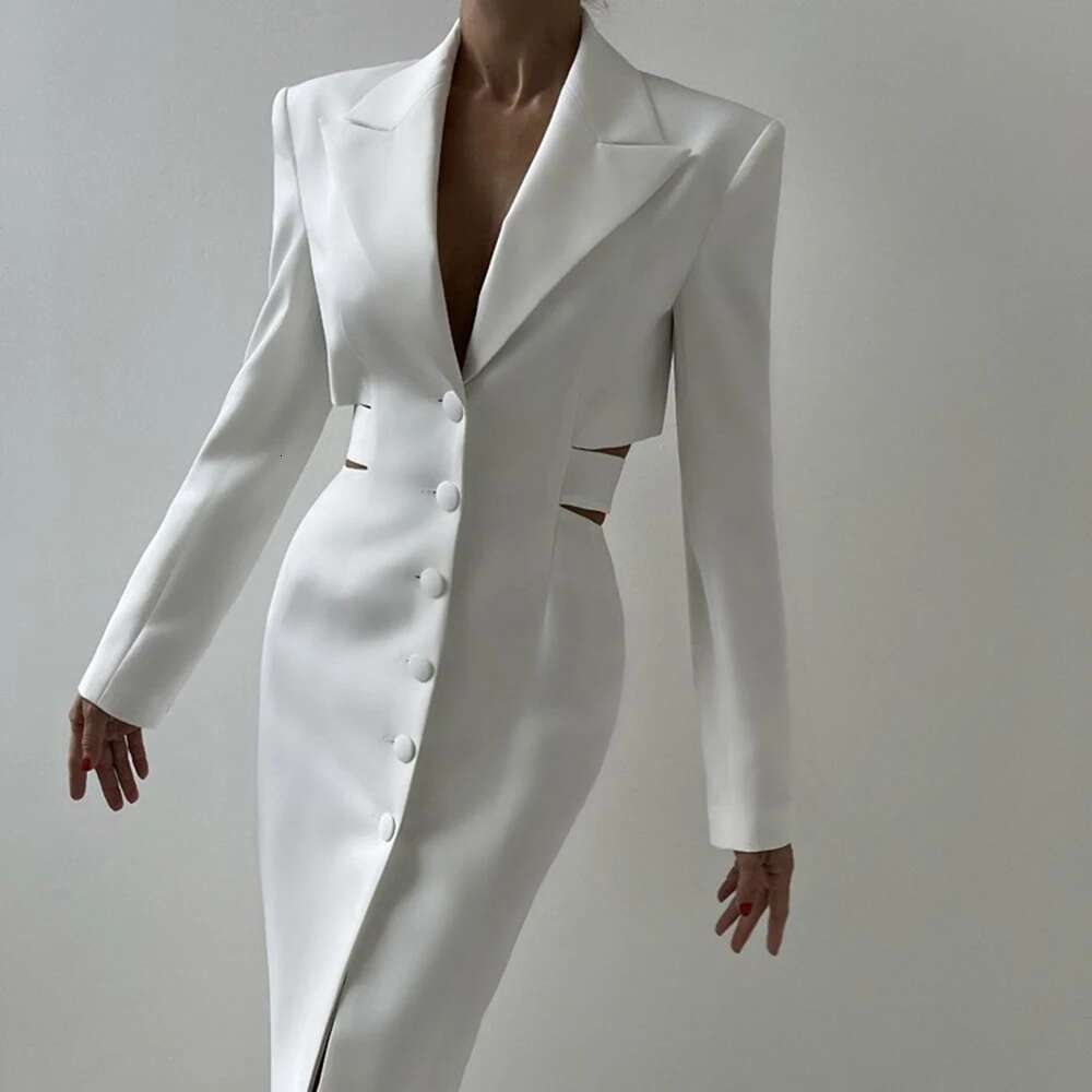 VGH Street Hollow Out Tunic Dresses For Women Notched Collar Long Sleeve High Waist Spliced Button Temperament Dress Female