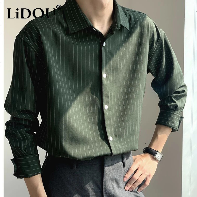 Korean Fashion Autumn Shirts Men Business Casual Neat Capable Hipster Street England Style Elegant Stripe Clothes Top 250314