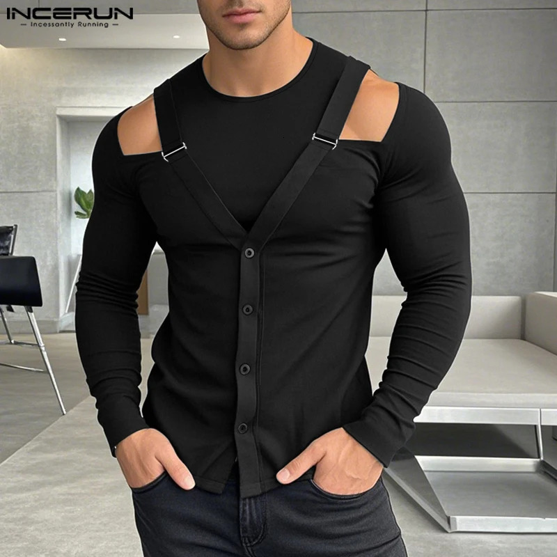 INCERUN Mens Top Fashion Metal Buckle Hollow n Tshirt Casual Street Wear Solid Long Sleeve Camiseta S5XL 250312