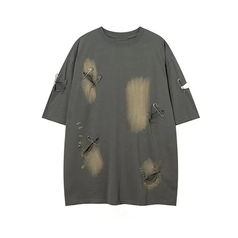 Fashion Men Oversized Vintage Ripped Hole Short Sleeve T Shirt Hip Hop Y2K Mens 100% Cotton O Collared Couple Techwear Shirts 250312