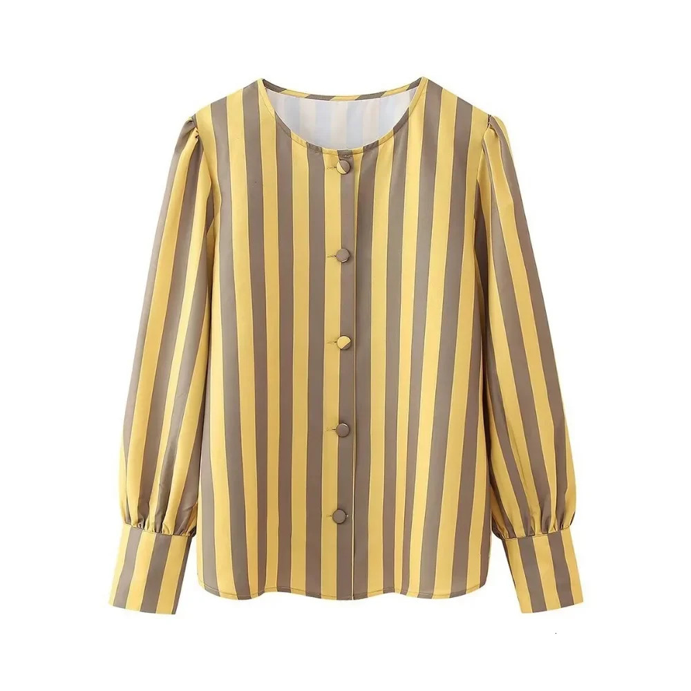 ZBZA Womens Loose Striped Shirt Simple Pleated Crew Neck Single Breasted Long Sleeves Casual Top Spring Summer Chic Shirt 250310