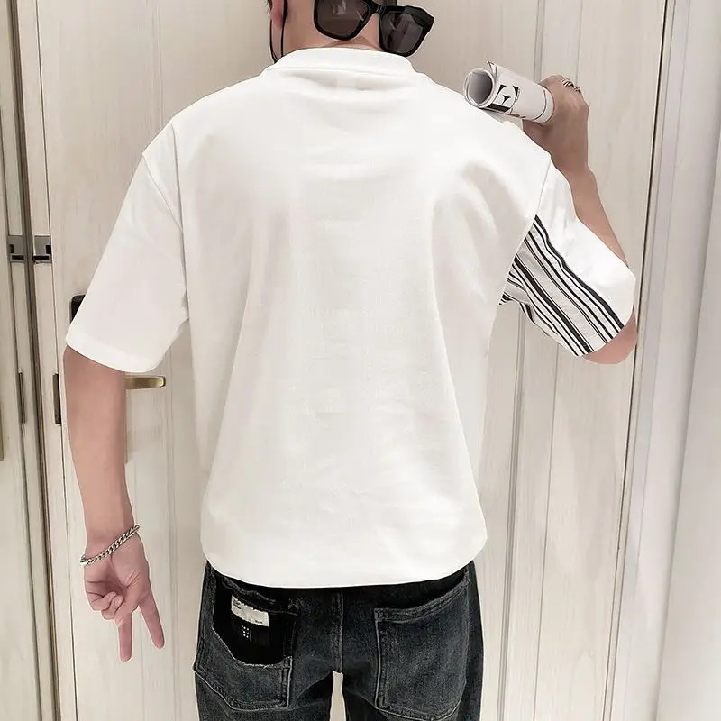 Summer round neck loose casual printed cotton T-shirt mens short sleeved simple full matching pull-out top Hombre Korean fashion T-shirt 250314
