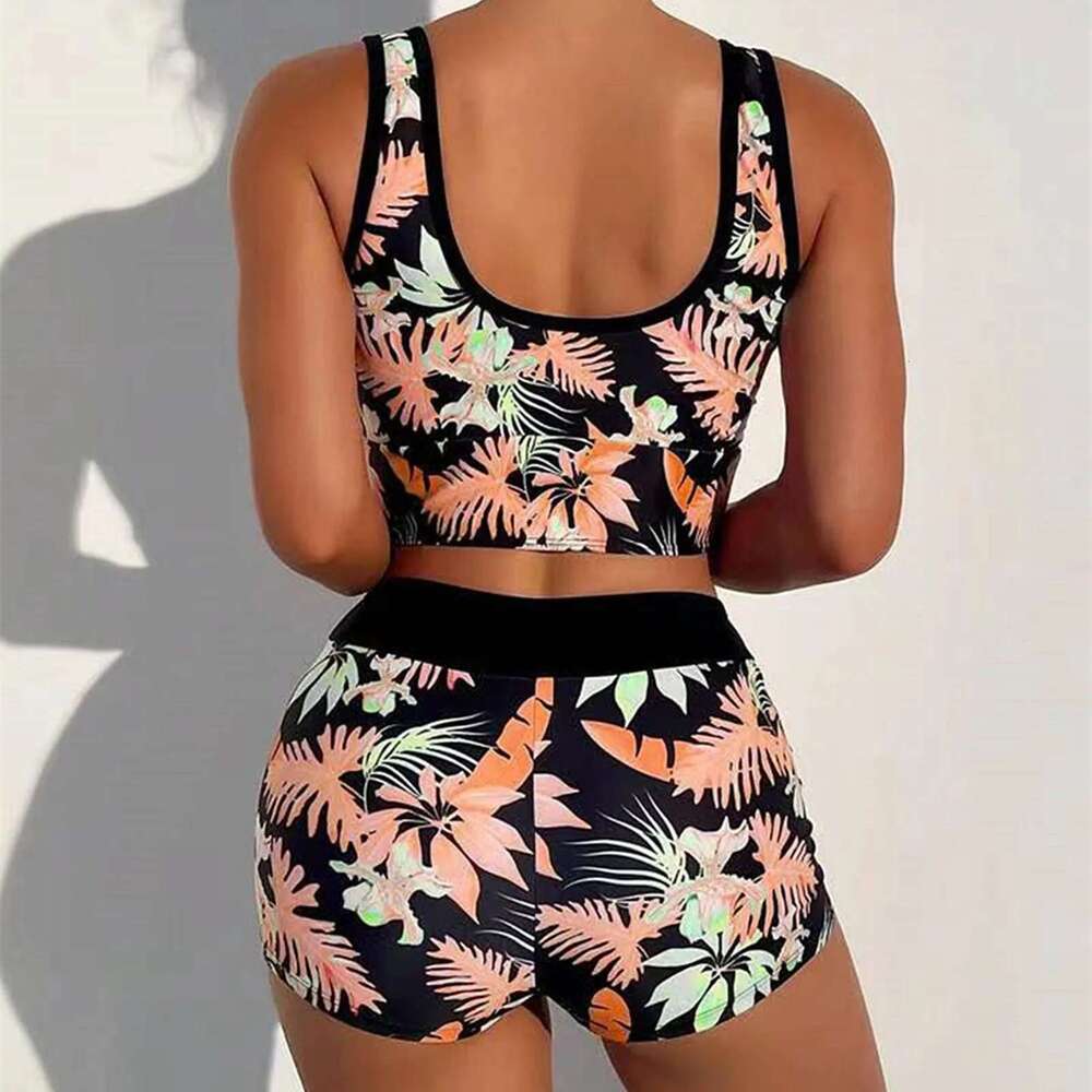 Two-piece printed swimsuit for women, high waist bikini, wide straps, push-up bra, summer clothing in