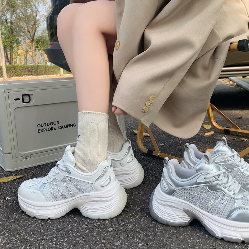 European genuine leather 6cm thick sole dad for women 2025 new mesh breathable height increasing white casual sports shoes ddmypanda