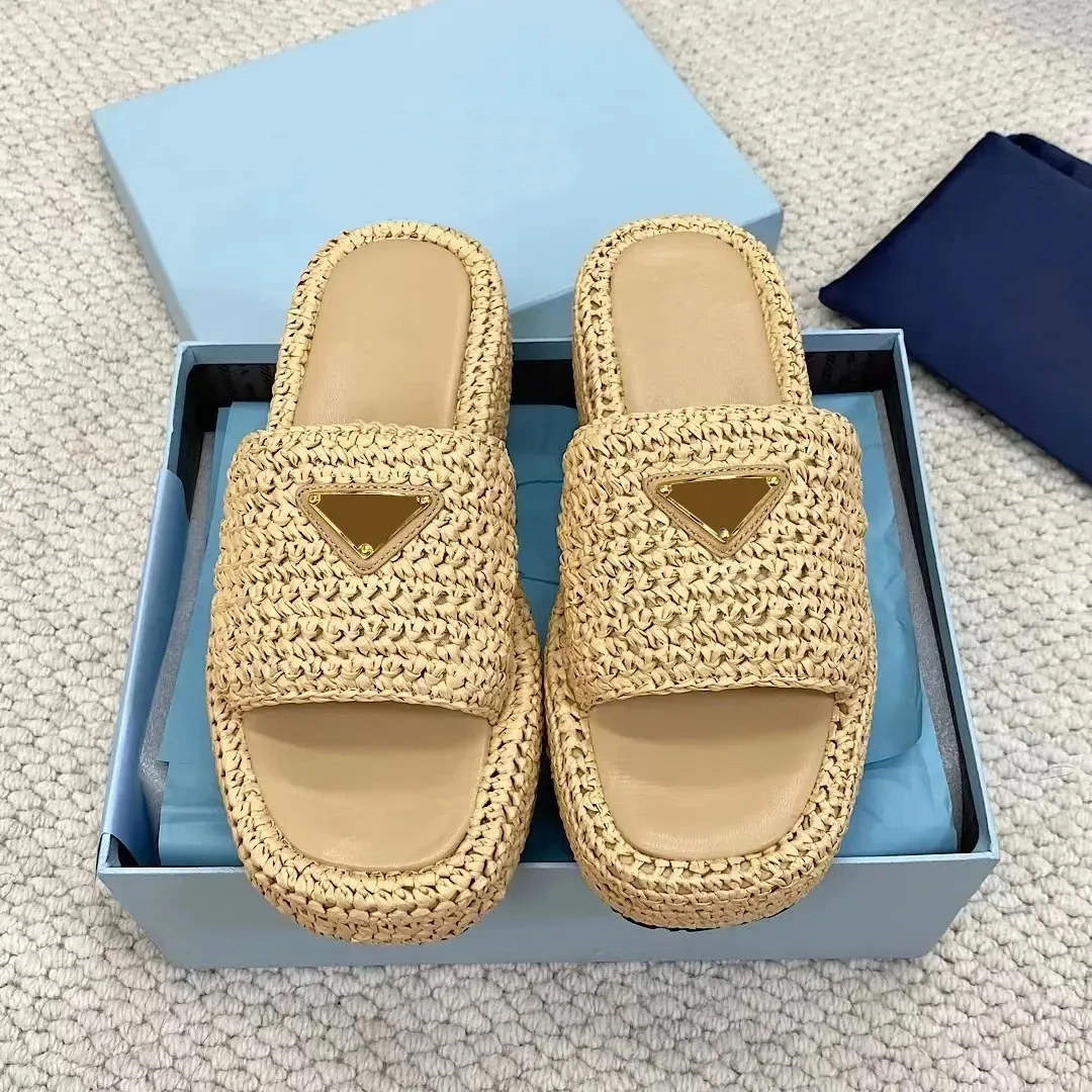 with box sandals men women stylish slippers designer slides weave platform raffias sandal flat slipper triangle summer vacation beach sandals