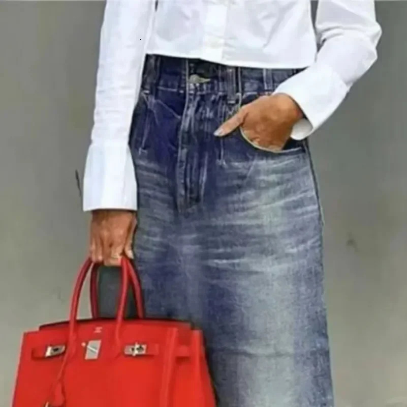 Krisstar Long Demin Skirt for Women Trendy Winter Spring Party Streewear Daily Classic Blue Jean Maxi Skirts Bottoms 250310