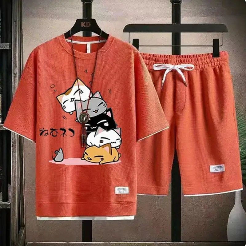 Mens Summer Waffle Set Fashion Casual T-shirtShorts Set Mens Sports Set Loose ComfortableSlo Two-piece Set 250310