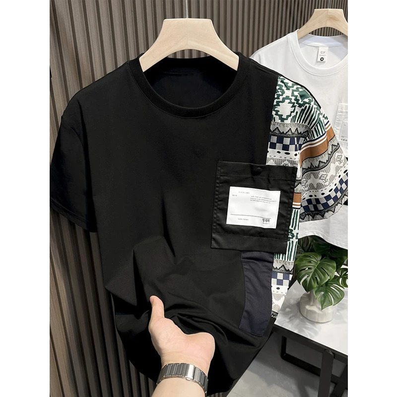 Mens fashion printed patch work pocket short sleeved T-shirt summer casual round neck ultra-thin cotton bottom top Ropa Hombre 250314