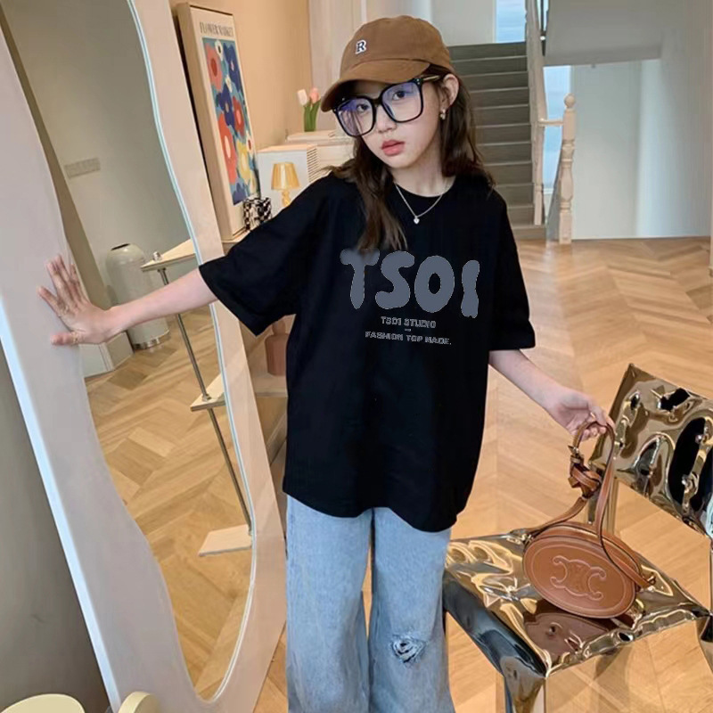 Ddmyshoesvip Cotton Letter T Shirt Summer Dress Children S Loose Half Sleeve Stylish Versatile Top Girls Trendy
