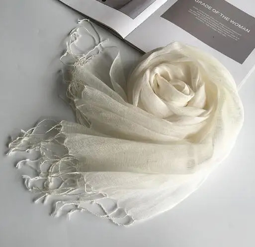 55*180cm Fashion Soft Solid Women 100% Linen Flax Tassel Scarf Summer Travel Sunscreen Long Shawl Elegant Hijab Women Foulard 250314