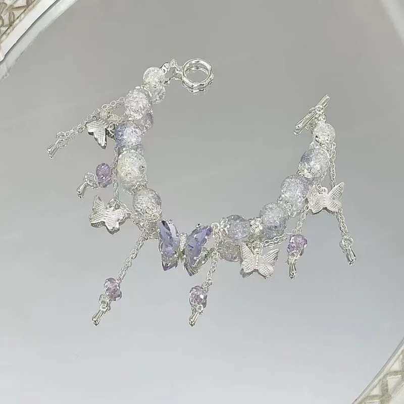 Korean Pink Crystal Flowers Butterfly Pendant Beaded Bracelet For Women Sweet Beaded Chain Bracelet Jewelry GiftsXJ250315