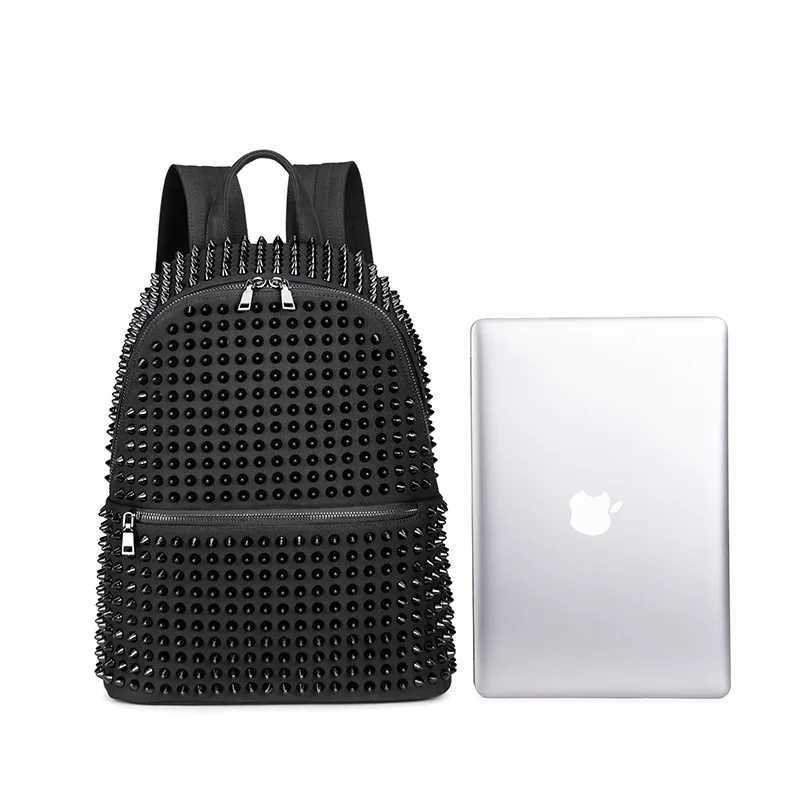 JIEROTYX Fashion Female Women Backpacks Rivet Black Soft Washed Leather Bag Schoolbags Girls Punk Bags Travel Zipper Drop Ship Z250315