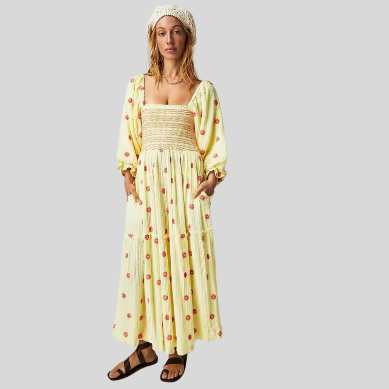 Autumn New Casual Trumpet Sleeves Wrap Embroidered Square Neck Sunflower Dress