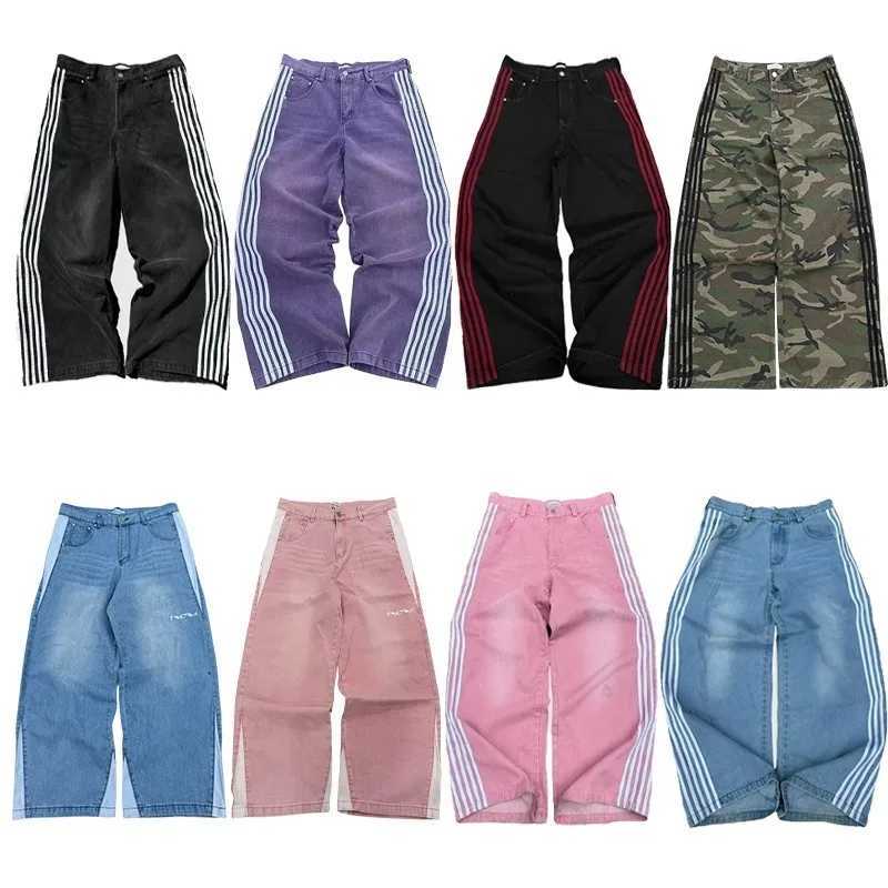 Y2K luggage mens jeans new patchwork embroidered stripes high-quality jeans Harajuku mens hip-hop street casual loose jeansT250319