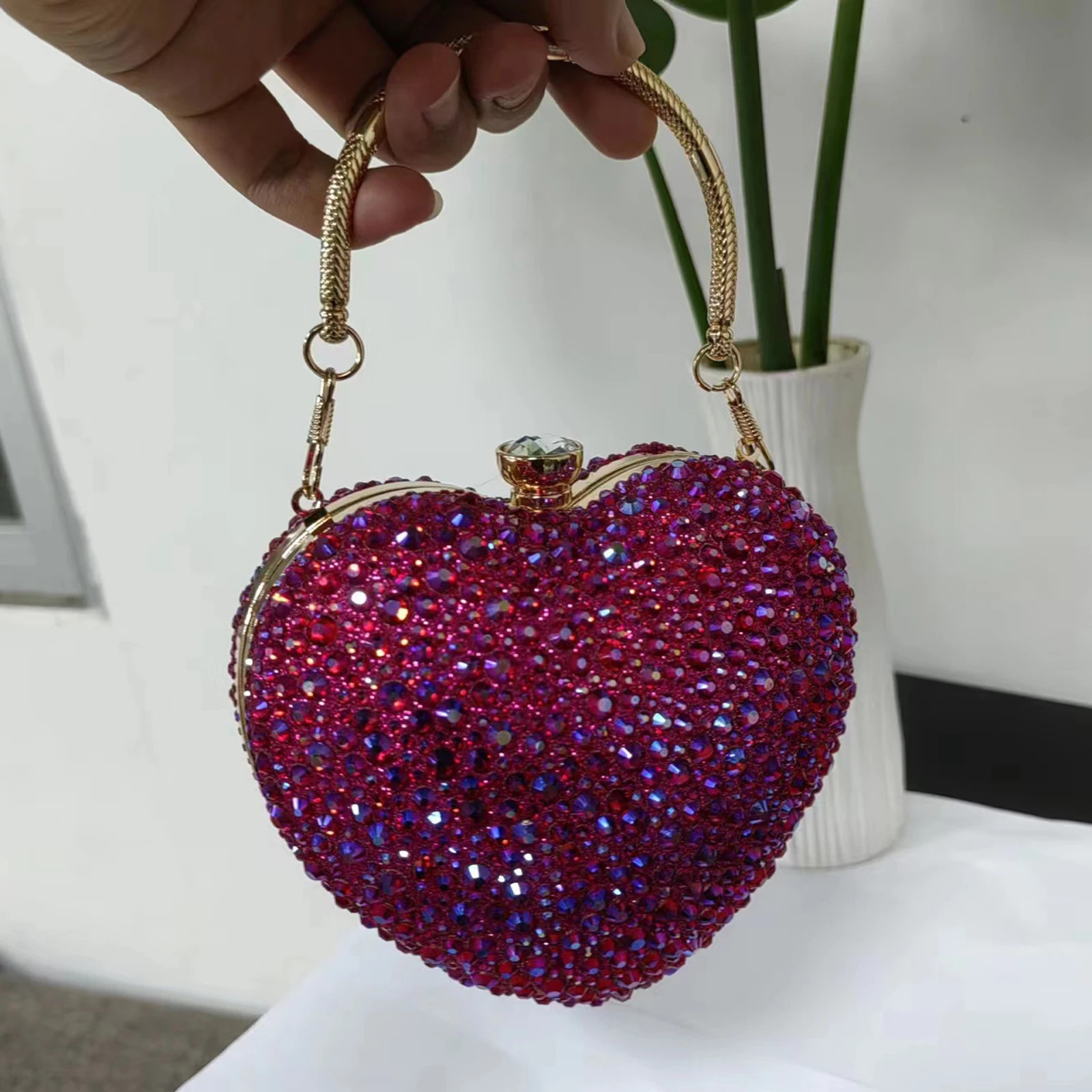 Diamond Heart-shaped Bag Red Rhinestone Evening Clutch Purse Female Wedding Handbag Woman Chain Shoulder Bags 250311