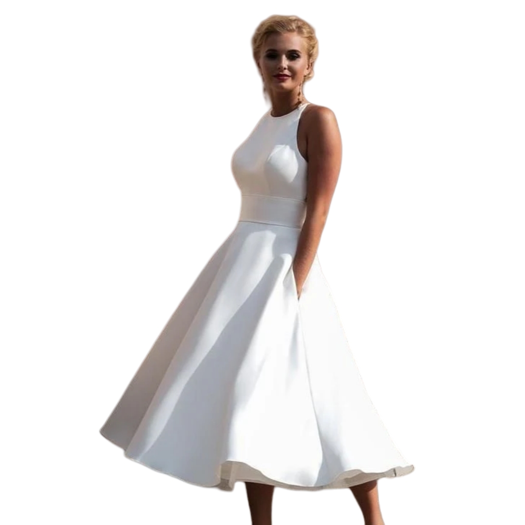 2025 Simple A-Line White Wedding Dresses With Pockets Tea Length Satin Bridal Gown Open Back Jewel Neck Sleeveless Garden Vestido De Novia