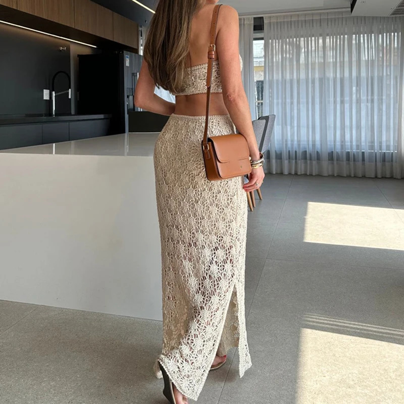 Elegant strapless knitted dress for women sexy off shoulder hollow long fashionable high waisted pure thin party 250312
