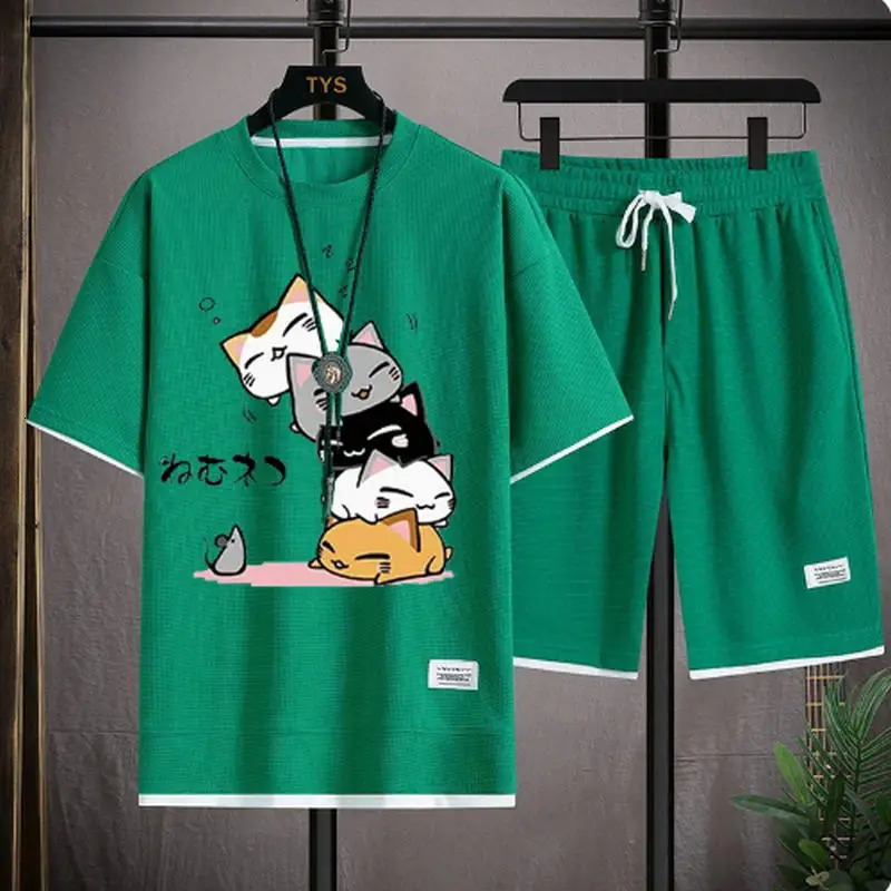 Mens Summer Waffle Set Fashion Casual T-shirtShorts Set Mens Sports Set Loose ComfortableSlo Two-piece Set 250310