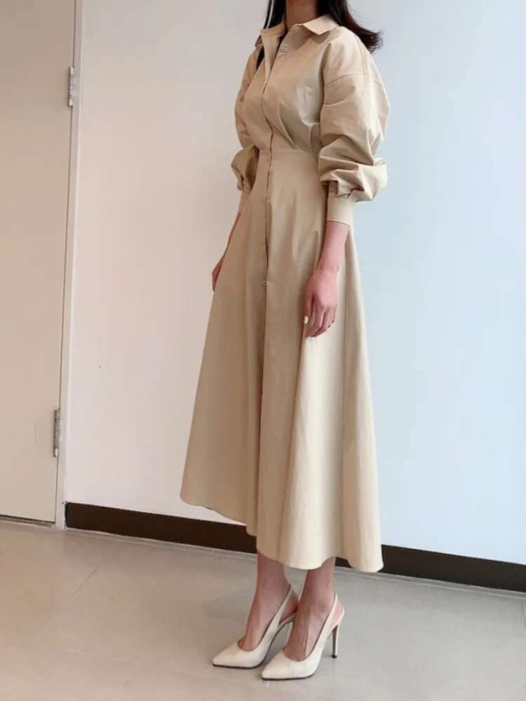 Y2k Autumn Solid Dress Women Fashion Long Sleeve Pleated Slim Waist A-E Dresses Temperament Single Breasted Simple Vestidos