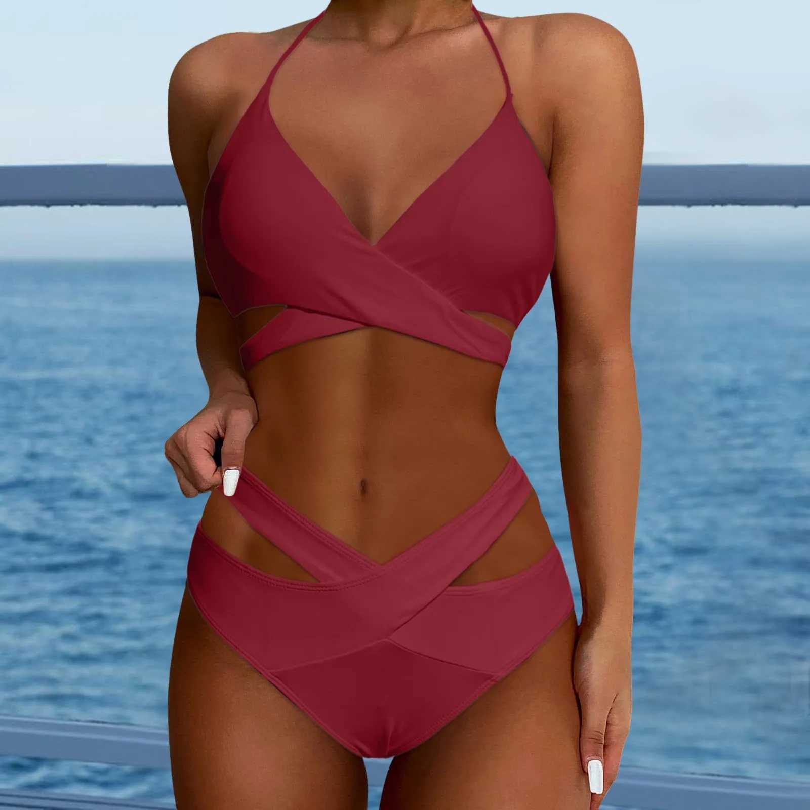 Sexy Hollow Bikini Set SS Pad Push up Swimsuit Solid Color Strap Two Piece Swimsuit for Women BiquiniXJ250315