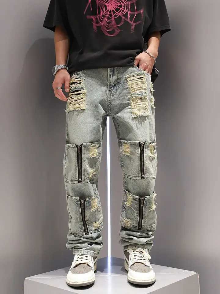 New multi zipper pocket washing and perforated jeans suitable for men and womens personalized straight leg retro casual pants y2k on the streetsT25031