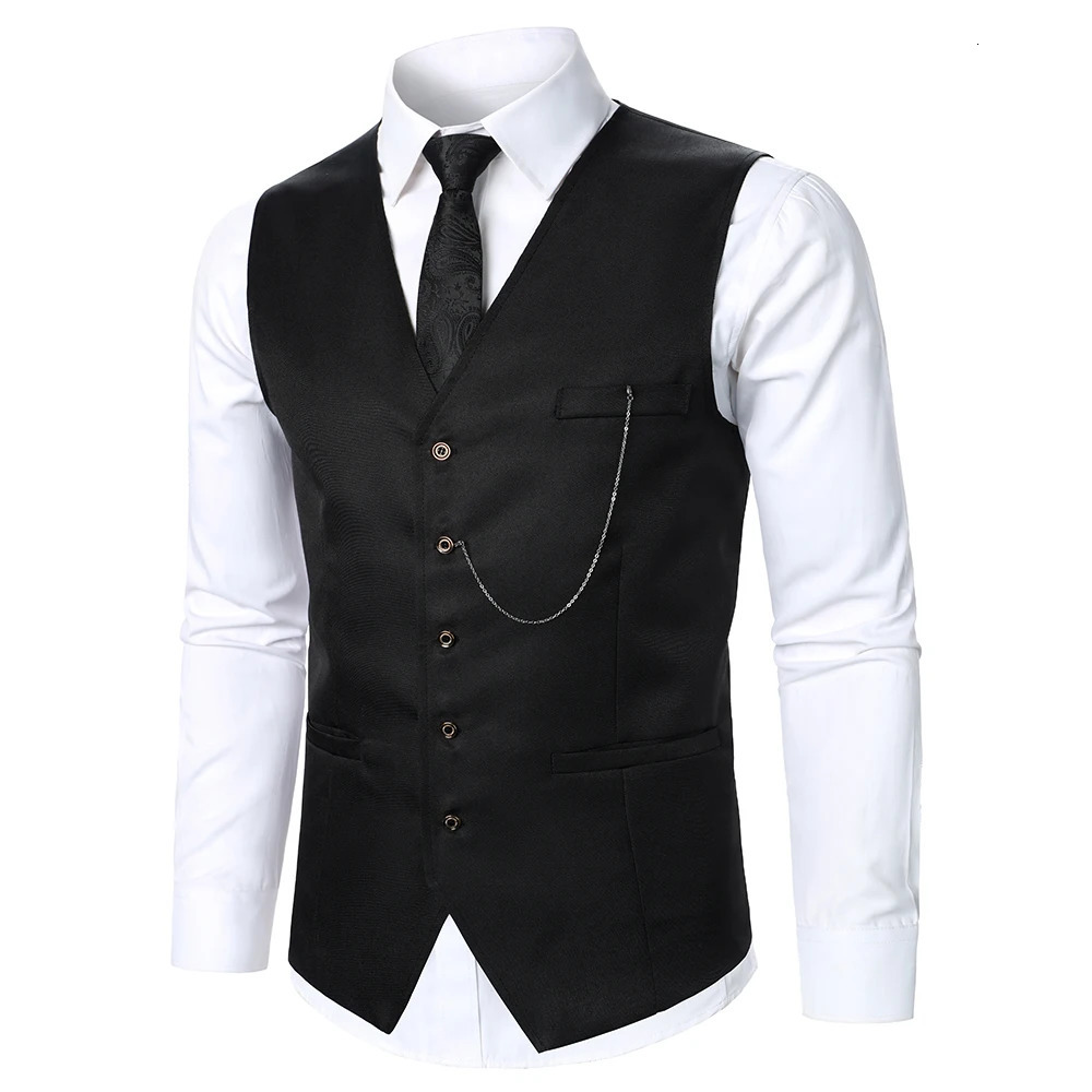 Men Suit Vest Coat Solid Color Metal Chain Decoration Classic Leisure Business Fashion Slim Fit Men Suit 250310